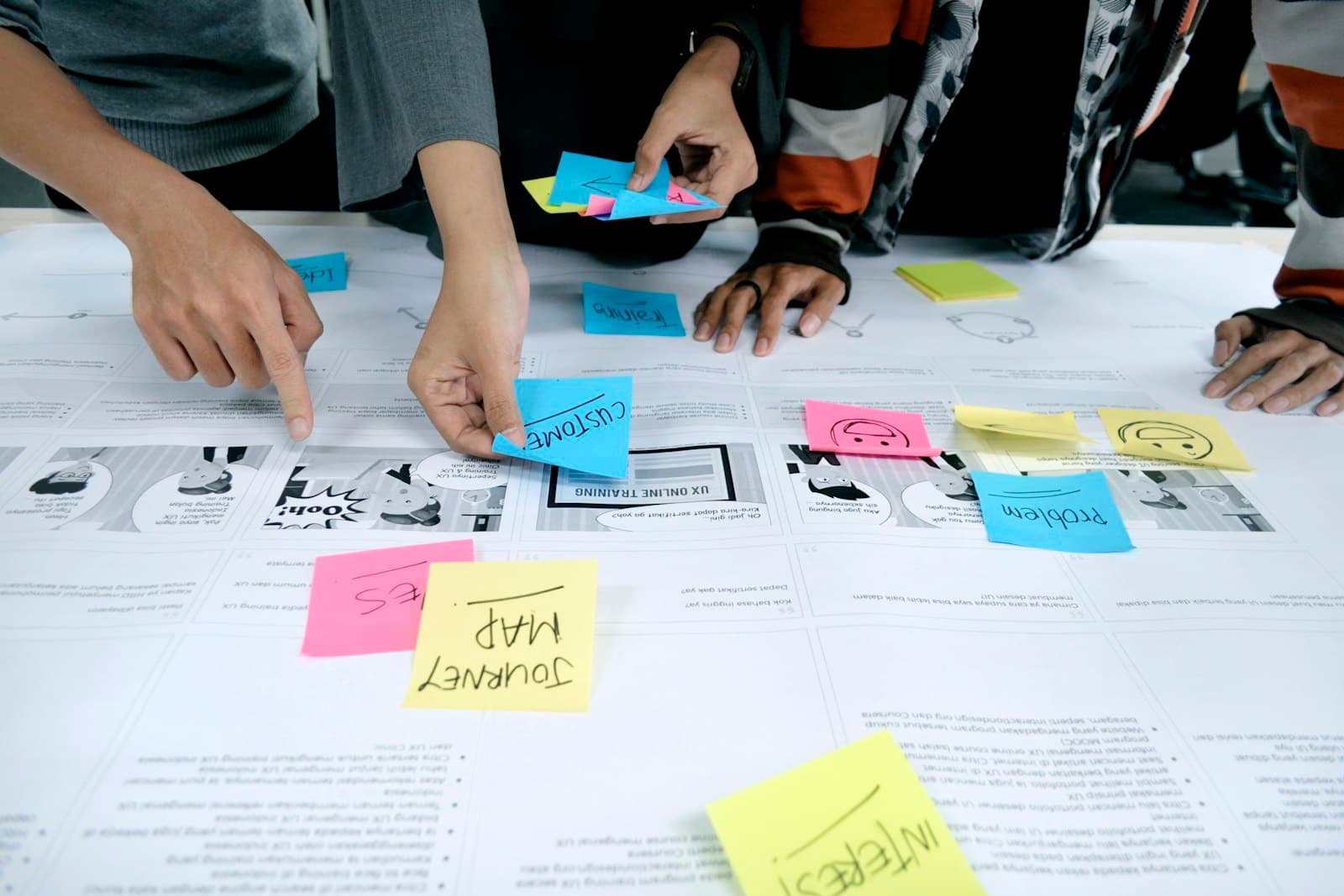 A team working through a wall of sticky notes.